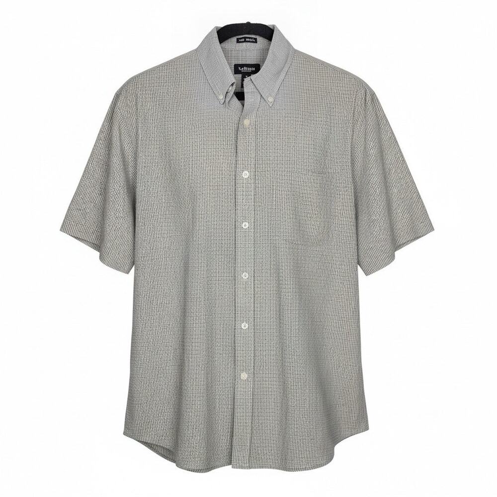 Van Heusen Men's Short Sleeve Button Down Shirt Tan microcheck Size M 15-15.5